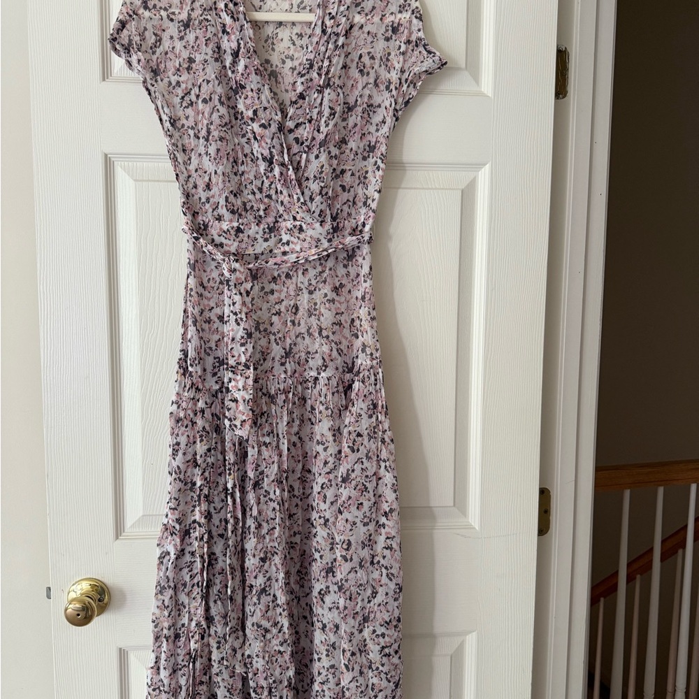 All Saints Gray and White Maxi Sundress with Flutter Sleeves